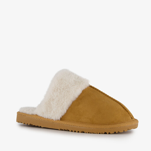Dames pantoffels met imitatiebont bruin