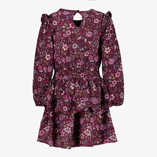 Meisjes jurk met ruches en bloemenprint paars