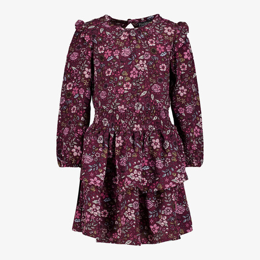 Meisjes jurk met ruches en bloemenprint paars