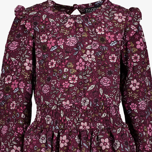 Meisjes jurk met ruches en bloemenprint paars