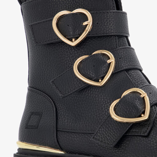 Meisjes biker boots zwart met hartjes gespen