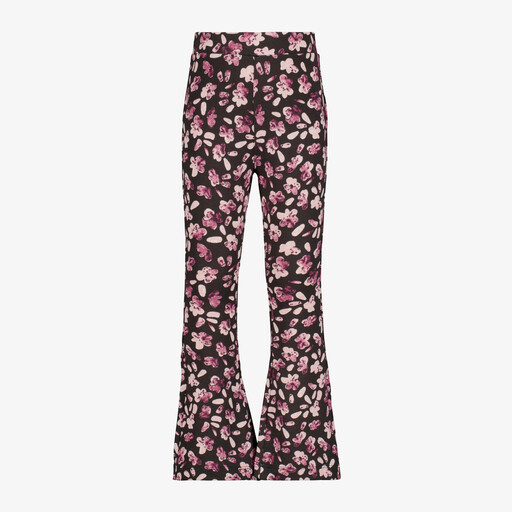 Flared meisjes broek met bloemenprint zwart roze