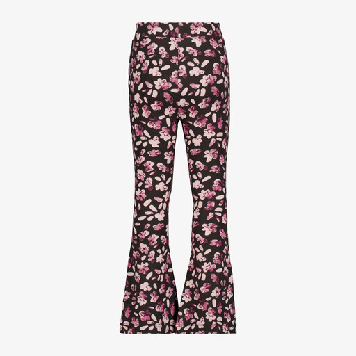 Flared meisjes broek met bloemenprint zwart roze