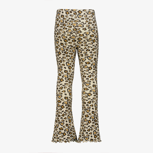 Flared meisjes broek met panterprint beige