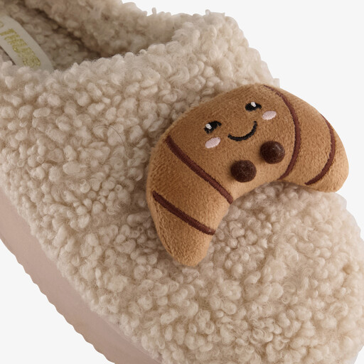 Dames teddy instap pantoffels met croissaint beige