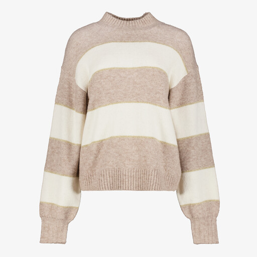 Gebreide dames trui met strepen beige wit