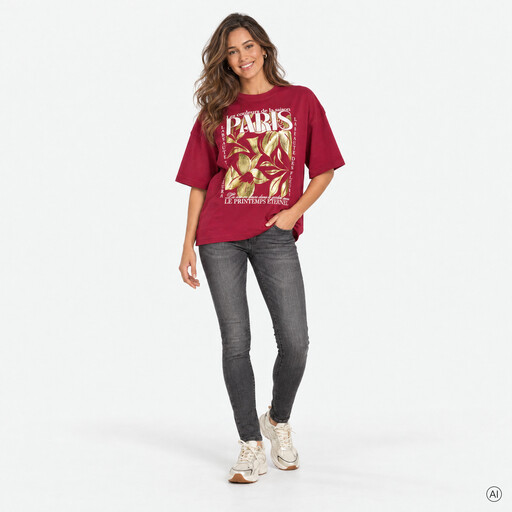 Oversized dames T-shirt met print rood goud