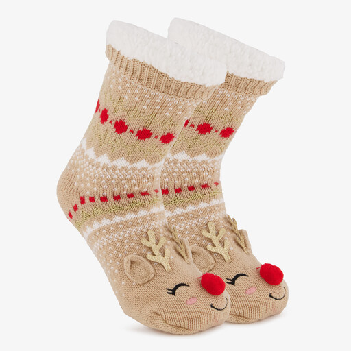 1 paar dames kerst huissokken met rendier beige