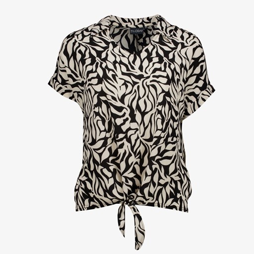Dames blouse zwart met print en knoop