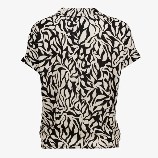 Dames blouse zwart met print en knoop