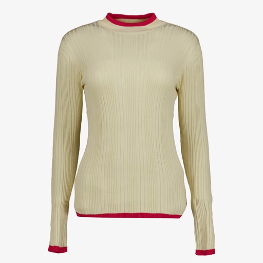 Dames rib trui beige met rode details