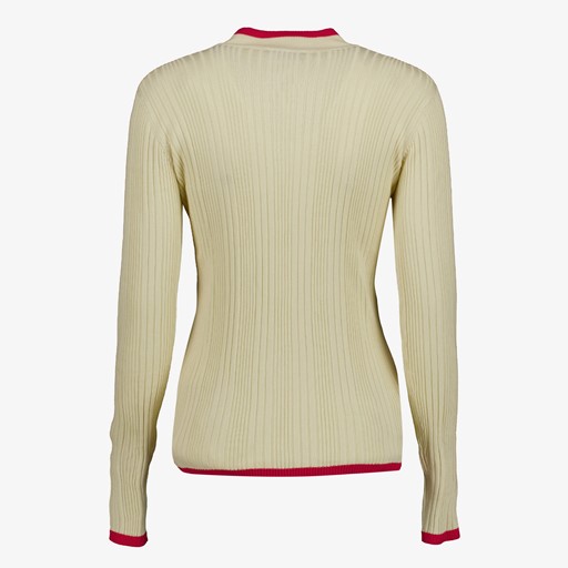 Dames rib trui beige met rode details