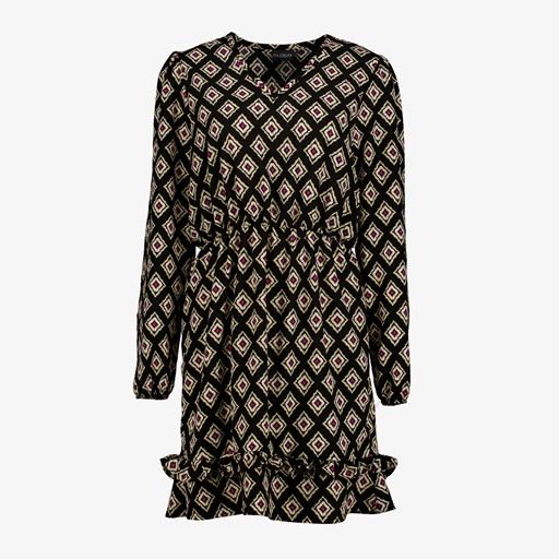 Dames jurk zwart met print en ruches