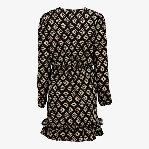 Dames jurk zwart met print en ruches
