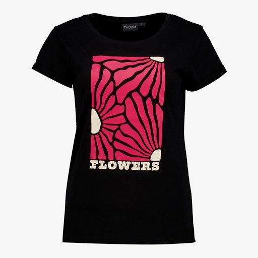 Dames T-shirt zwart met bloemen