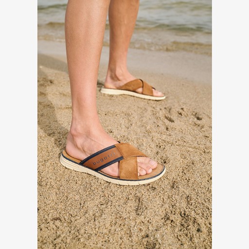 Leren slippers met leren voetbed cognac