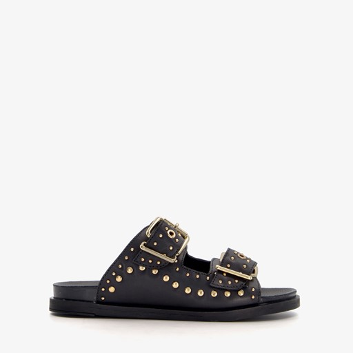Leren dames slippers met studs zwart goud