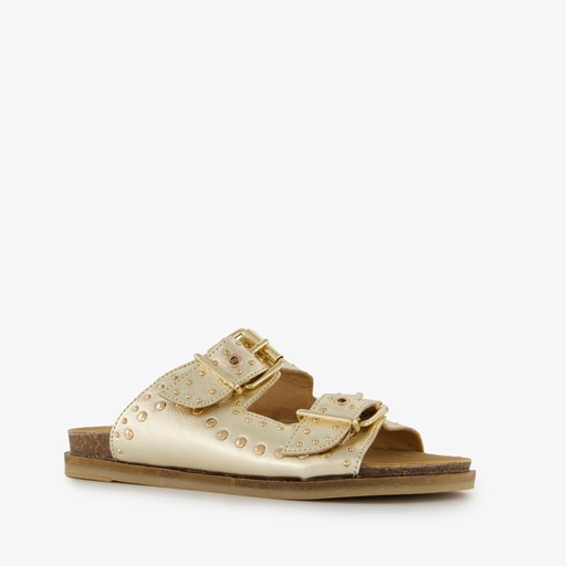 Leren dames slippers met studs goud
