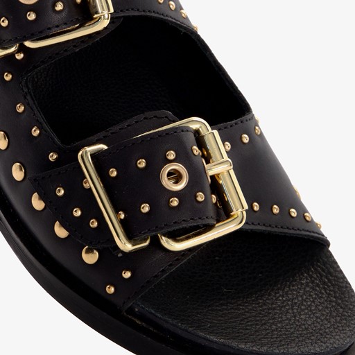 Leren dames slippers met studs zwart goud