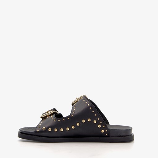 Leren dames slippers met studs zwart goud