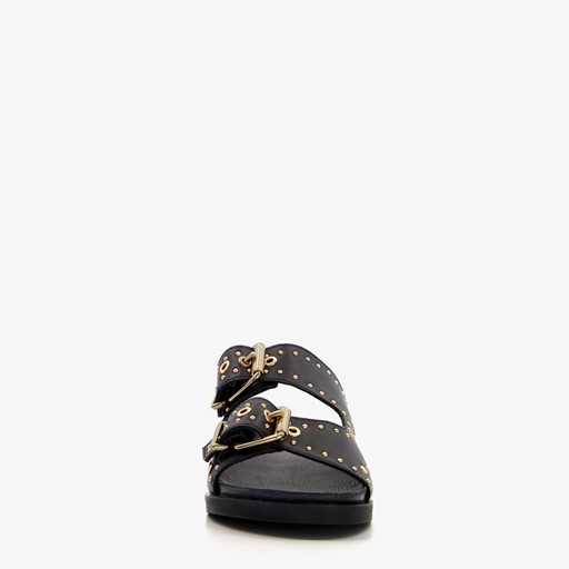 Leren dames slippers met studs zwart goud