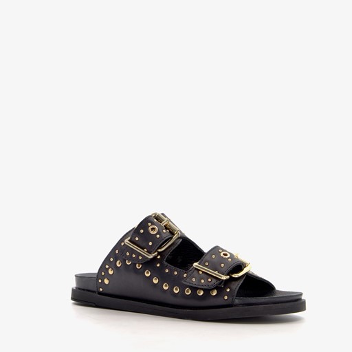 Leren dames slippers met studs zwart goud