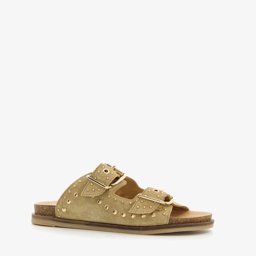 Leren dames slippers met studs beige
