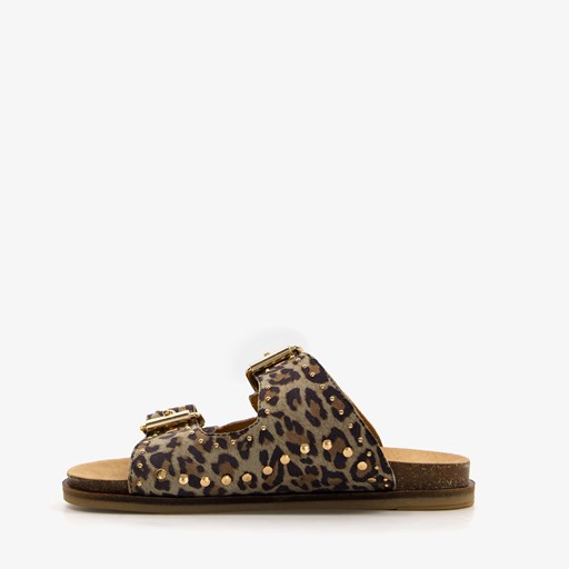 Leren dames slippers met panterprint