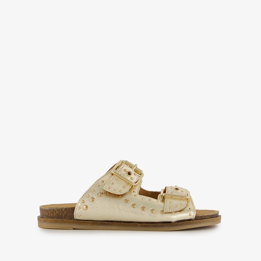 Leren dames slippers met studs goud