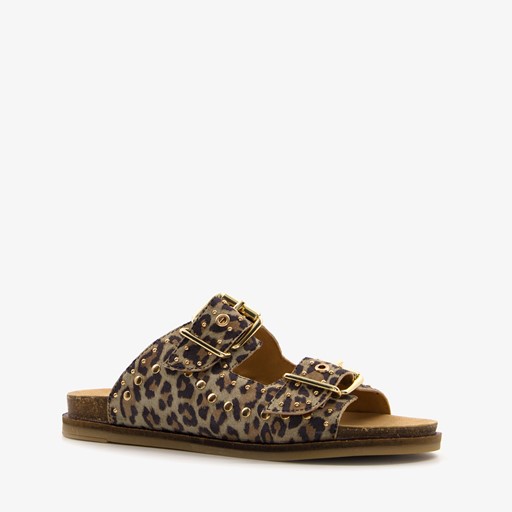 Leren dames slippers met panterprint