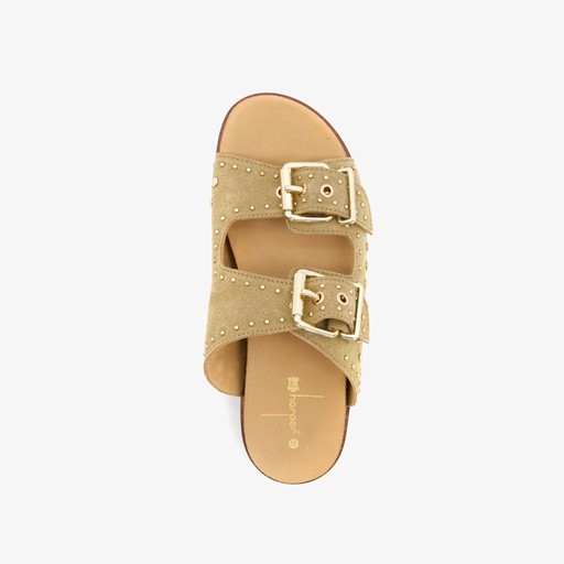 Leren dames slippers met studs beige