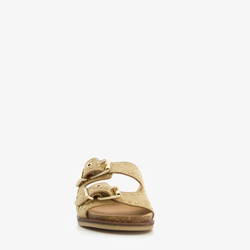 Leren dames slippers met studs beige