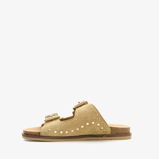 Leren dames slippers met studs beige