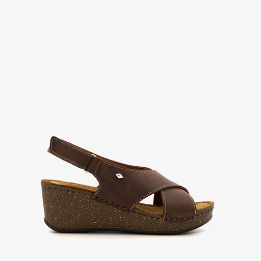 Leren dames sleehak sandalen bruin