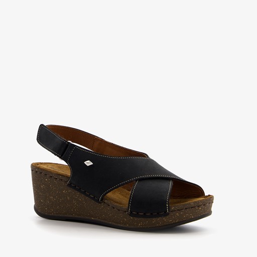 Leren dames sleehak sandalen zwart