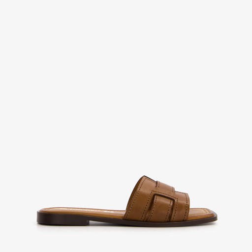 Leren dames slippers cognac bruin