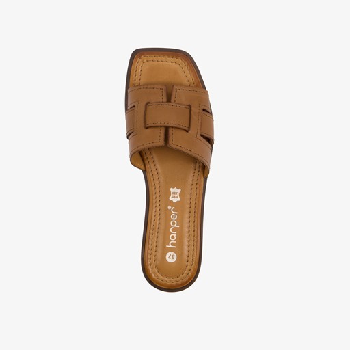 Leren dames slippers cognac bruin