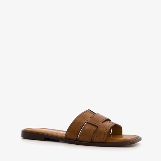 Leren dames slippers cognac bruin