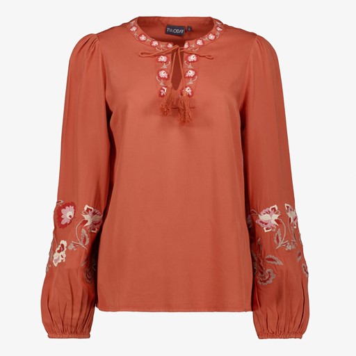 Dames blouse met geborduurde mouwen oranje