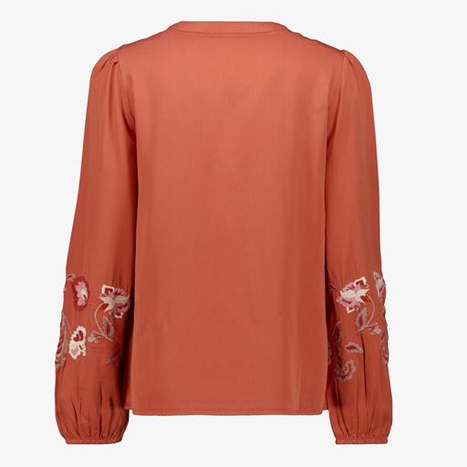 Dames blouse met geborduurde mouwen oranje