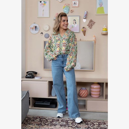 Dames mousseline blouse groen met print