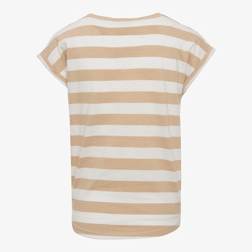 Gestreept dames T-shirt met knoop beige