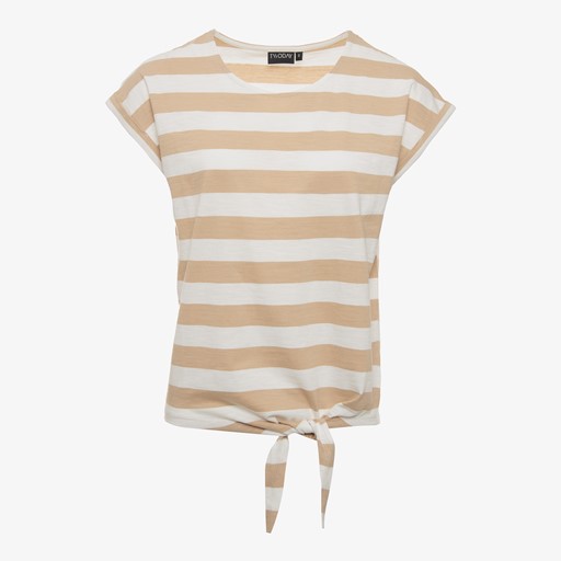 Gestreept dames T-shirt met knoop beige