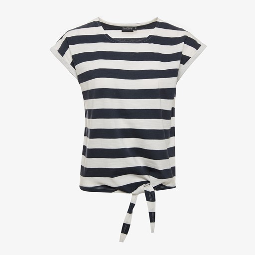 Gestreept dames T-shirt met knoop blauw