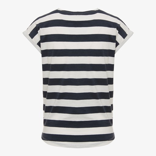 Gestreept dames T-shirt met knoop blauw