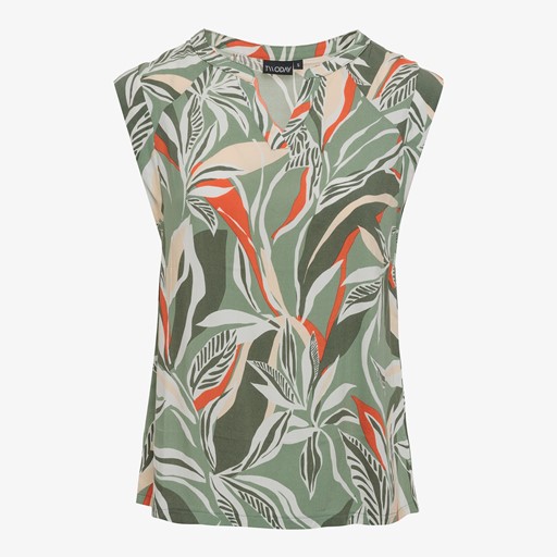 Dames top met bladeren print groen