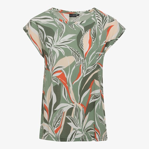 Dames T-shirt met bladeren print groen