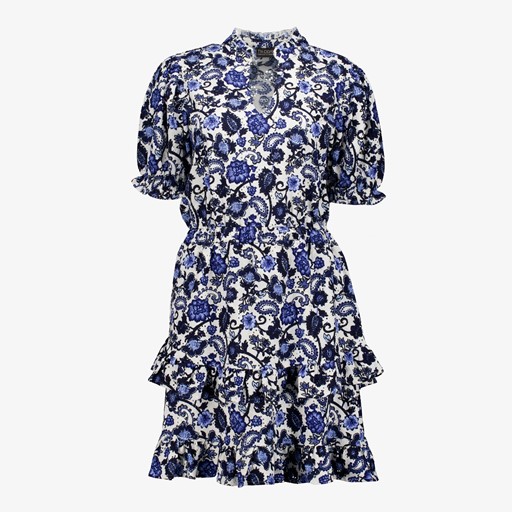 Dames jurk wit met blauwe bloemenprint