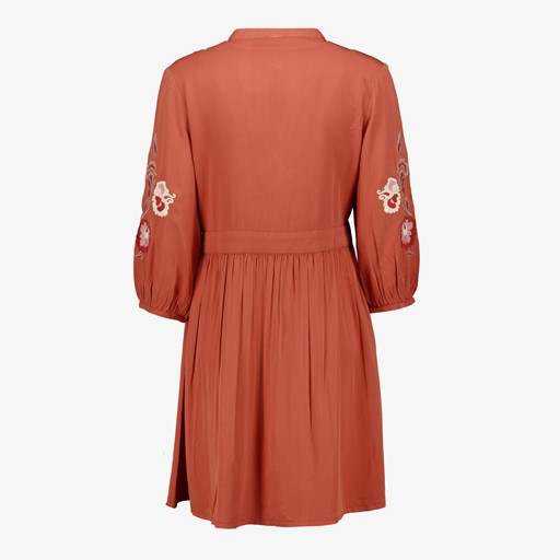 Dames jurk met geborduurde mouwen oranje
