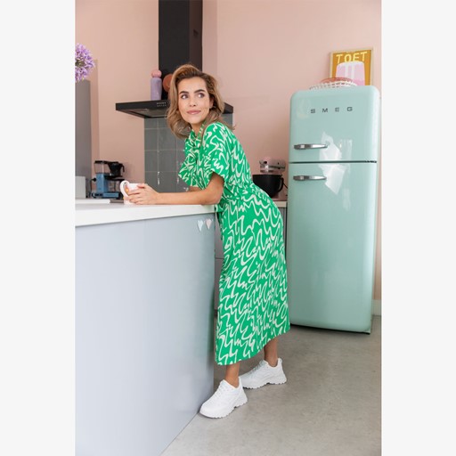 Lange dames blousejurk groen met print
